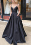 A Line V Neck Spaghetti Straps Long Floor Length Satin Prom Dresses With Beading Pockets