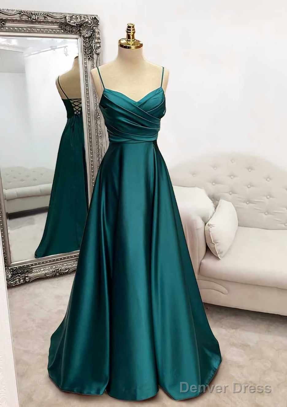 A Line V Neck Spaghetti Straps Long Floor Length Satin Prom Dresses Wi –  Denver Dress