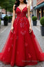 A Line V Neck Spaghetti Straps Long Floor Length Tulle Prom Dresses With Appliqued Beading