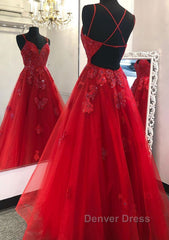 A-line V Neck Spaghetti Straps Long/Floor-Length Tulle Prom Dresses With Appliqued Beading