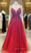 A-line V Neck Spaghetti Straps Long/Floor-Length Tulle Prom Dresses With Appliqued Beading Pleated Glitter