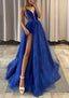 A Line V Neck Spaghetti Straps Long Floor Length Tulle Prom Dresses With Appliqued Glitter Split Left