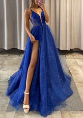 A-line V Neck Spaghetti Straps Long/Floor-Length Tulle Prom Dresses With Appliqued Glitter Split Left