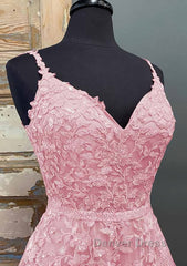 A-line V Neck Spaghetti Straps Long/Floor-Length Tulle Prom Dresses With Beading Lace Pockets Sequins