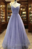 A Line V Neck Spaghetti Straps Long Floor Length Tulle Prom Dresses With Beading Sequins