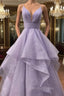 A-line V Neck Spaghetti Straps Long/Floor-Length Tulle Prom Dresses With Pleated Glitter