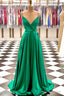 A Line V Neck Spaghetti Straps Sweep Train Charmeuse Prom Dresses With Pleated