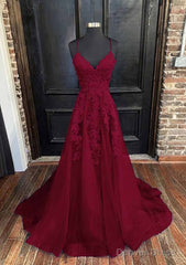 A-line V Neck Spaghetti Straps Sweep Train Tulle Prom Dresses With Appliqued
