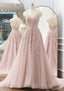 A Line V Neck Spaghetti Straps Sweep Train Tulle Prom Dresses With Appliqued Beading