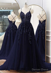 A-line V Neck Spaghetti Straps Sweep Train Tulle Prom Dresses With Appliqued Beading