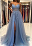 A Line V Neck Spaghetti Straps Sweep Train Tulle Prom Dresses With Beading Sequins Split