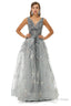A Line V Neck Strap Lace Sequined Beaded Open Back Floor Length Prom Dresses