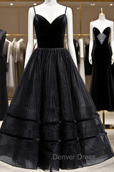 A Line V Neck Tea Length Black Velvet Prom Dresses, Black Tea Length Graduation Homecoming Dresses