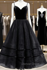 A Line V Neck Tea Length Black Velvet Prom Dresses, Black Tea Length Graduation Homecoming Dresses