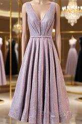 A Line V Neck Tea Length Prom Dresses, Shiny Tea Length Formal Evening Dresses