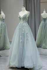 A-Line V Neck Tulle Beaded Applique Long Prom Dress, Spaghetti Strap Formal Evening Dress