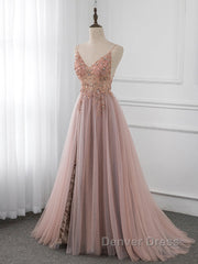 A-Line V Neck Tulle Beading Pink Long Prom Dresses. Pink Formal Dresses