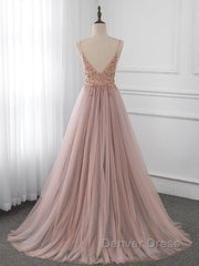 A-Line V Neck Tulle Beading Pink Long Prom Dresses. Pink Formal Dresses