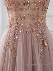 A-Line V Neck Tulle Beading Pink Long Prom Dresses. Pink Formal Dresses