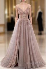 A-Line V Neck Tulle Beading Pink Long Prom Dresses. Pink Formal Dresses