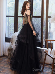 A-Line V Neck Tulle Beads Black Long Prom Dress, Black Long Formal Dress