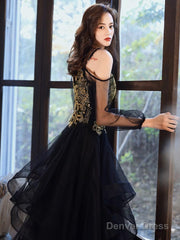 A-Line V Neck Tulle Beads Black Long Prom Dress, Black Long Formal Dress
