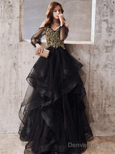 A-Line V Neck Tulle Beads Black Long Prom Dress, Black Long Formal Dress