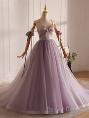 A-Line V Neck Tulle Beads Purple Long Prom Dresses, Purple Long Formal Dresses