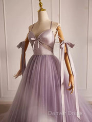 A-Line V Neck Tulle Beads Purple Long Prom Dresses, Purple Long Formal Dresses