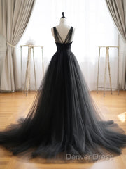 A-Line V Neck Tulle Black Long Prom Dresses