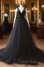 A Line V Neck Tulle Black Long Prom Dress, Black Long Prom Dresses