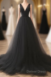A-Line V Neck Tulle Black Long Prom Dresses