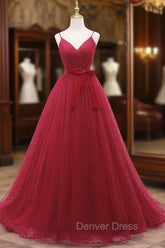 A-Line V Neck Tulle Burgundy Long Prom Dresses, Burgundy Formal Dresses