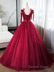 A-Line V Neck Tulle Burgundy Long Prom Dresses, Burgundy Long Evening Dresses