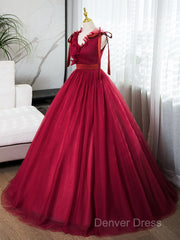A-Line V Neck Tulle Burgundy Long Prom Dresses, Burgundy Long Evening Dresses