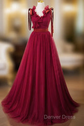 A-Line V Neck Tulle Burgundy Long Prom Dresses, Burgundy Long Evening Dresses