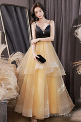 A-Line V Neck Tulle Champagne Long Prom Dress, Tulle Formal Evening Dress