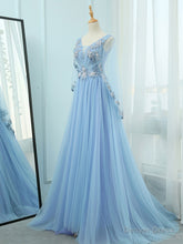 A-Line V Neck Tulle Lace Blue Long Prom Dresses, Blue Formal Evening Dress