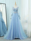 A-Line V Neck Tulle Lace Blue Long Prom Dresses, Blue Formal Evening Dresses