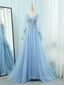 A Line V Neck Tulle Lace Blue Long Prom Dress, Blue Prom Dresses