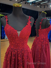 A-Line V Neck Tulle Lace Burgundy Long Prom Dresses, Burgundy Long Evening Dresses