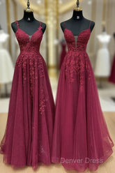 A-Line V Neck Tulle Lace Burgundy Long Prom Dresses, Burgundy Long Evening Dresses