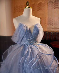 A-Line V Neck Tulle Lace Gray Blue Long Prom Dresses, Blue Long Sweet 16 Dresses
