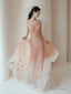 A Line V Neck Tulle Pink Long Prom Dress, Pink Tulle Long Prom Dresses