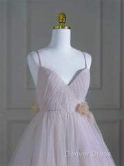 A-Line V Neck Tulle Pink Long Prom Dresses, Pink Tulle Long Formal Dresses
