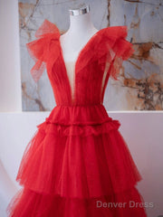 A-Line V Neck Tulle Red Long Prom Dress, Red Formal Evening Dress
