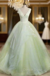 A-Line V Neck Tulle Sage Green Long Prom Quinceanera Dresses