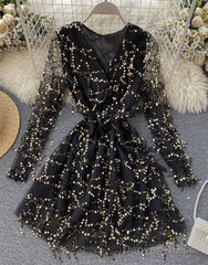 A Line V Neck Tulle Sequins Dress Long Sleeve Dress Homecoming Dress