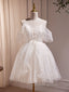 A Line V Neck Tulle Short Beige Prom Dress, Cute Beige Homecoming Dresses