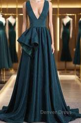 A Line V Neck V Back Green Satin Long Prom Dresses, Long Green Formal Evening Dresses